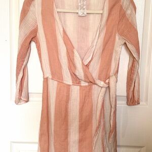 Sadie & Sage 100% Cotton Striped Wrap Dress in Peach and Cream